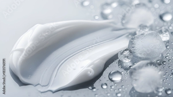 Fototapeta Invigorating skincare concept with smooth cream texture and ice cubes for a refreshing, hydrating beauty treatment experience