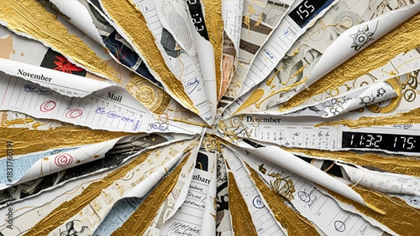 Fototapeta Stunning abstract art piece featuring torn calendar pages accented with luxurious gold accents and intricate details for creative projects