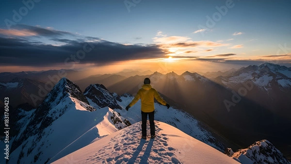 Fototapeta Inspirational mountain climber celebrates freedom atop snowy peak at sunrise, embracing nature's beauty and achieving fitness goals