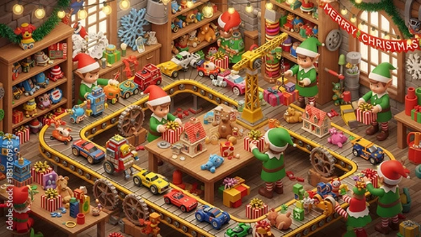 Fototapeta Festive holiday magic unfolds as Santa's elves lovingly craft toys in their workshop, ensuring a joyful Christmas for all children