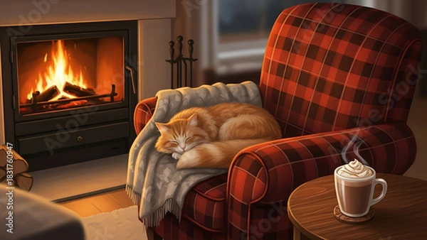Fototapeta Blissful ginger cat naps peacefully by a crackling fire with hot cocoa in cozy armchair offering pure comfort and relaxation at home