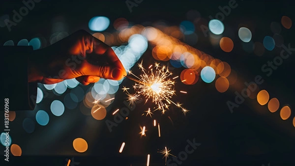 Fototapeta Magical sparkler held against a bokeh backdrop, evoking joy and celebration on a special night, perfect for festive designs