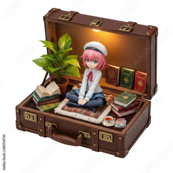 Obraz Anime figure sitting in open suitcase with books and plant isolated on transparent background