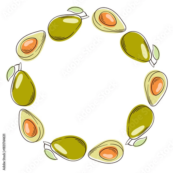 Fototapeta Whole and cut in half avocado wreath in flat style. Design for vegan textile package and grocery store.