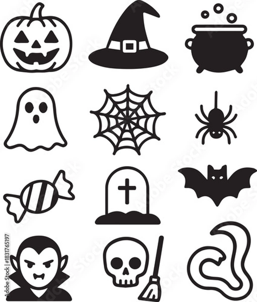 Obraz Halloween icons featuring a pumpkin witch hat ghost spiderweb candy tombstone bat vampire skull broom cauldron and snake in black and white on transparent background