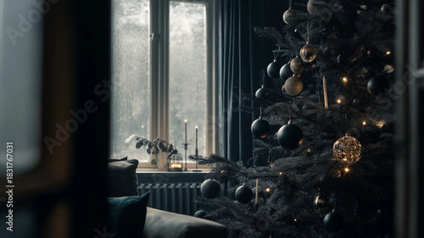 Fototapeta Beautifully decorated Christmas tree with dark ornaments and warm lights stands by window, creating cozy and elegant atmosphere dimly lit room. scene captures essence of minimalist