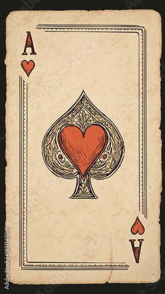 Fototapeta Ornate playing card design featuring Ace of Hearts with intricate detailing and vintage aesthetic. card displays large heart symbol center, surrounded by decorative patterns, evoking classic