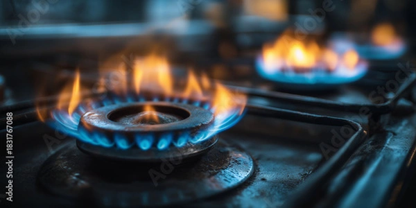 Fototapeta Close up image of gas stove burner with bright blue flame, creating warm and inviting atmosphere in kitchen setting. focus is on vibrant colors and details of flame