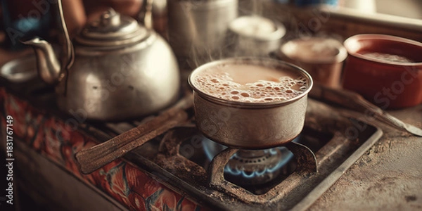 Fototapeta Steaming pot of chai boils on gas stove, surrounded by rustic kitchen setting. scene captures warmth and aroma of freshly brewed tea, evoking sense of comfort