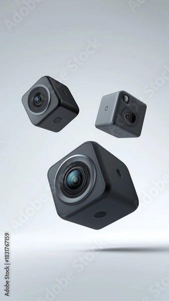 Fototapeta Three small black cameras with lenses are floating in air against light background, showcasing modern technology and design