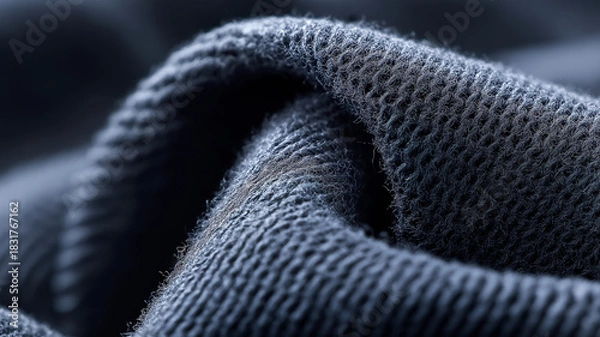 Fototapeta Close up of textured blue fabric, showcasing its intricate weave and soft fibers, ideal for custom uniforms. fabric appears to be blend, possibly TC or CVC, with cozy feel