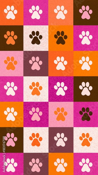 Fototapeta Seamless pattern featuring cute pastel pink, orange, and brown dog paw prints on colorful checkered background. playful design creates cheerful and vibrant atmosphere