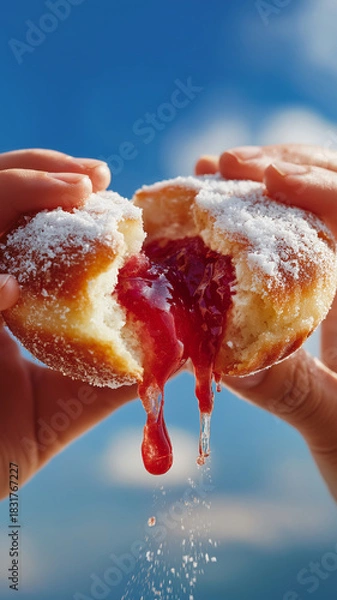 Fototapeta Close up of hands holding jelly filled doughnut, with red jelly oozing out against blue sky background. doughnut is dusted with powdered sugar, creating sweet and inviting scene