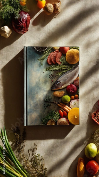 Fototapeta Cookbook cover featuring vibrant and appetizing ingredients beautifully arranged, including fish, vegetables, and herbs, creating fresh and inviting culinary scene