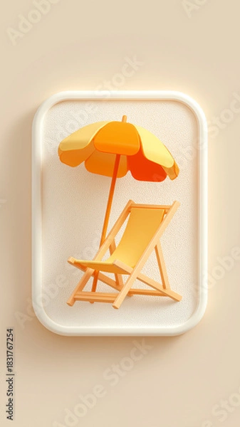 Fototapeta Miniature beach chair with small orange sun umbrella creates relaxing and cheerful vibe. soft beige background enhances summery feel of scene
