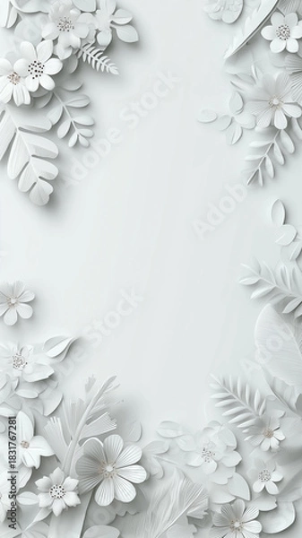 Fototapeta White background with delicate white flowers and leaves on edges creates elegant and serene design. intricate floral patterns add touch of sophistication and tranquility