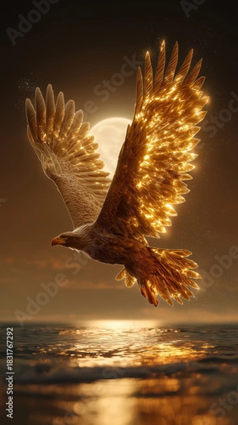 Fototapeta Majestic eagle flying over ocean at sunset with enormous glowing wings, creating magical and serene atmosphere. moon shines brightly in background
