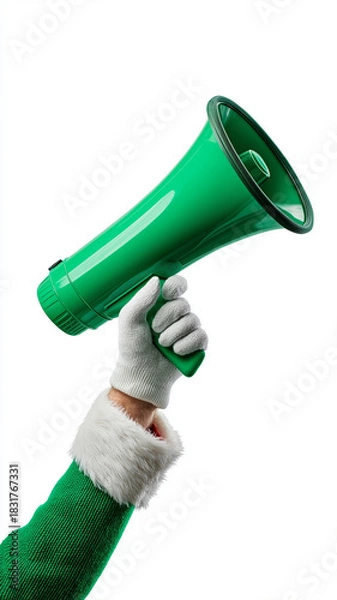 Fototapeta Hand in green sleeve with white fur trim holds green megaphone against white background, conveying festive and cheerful message