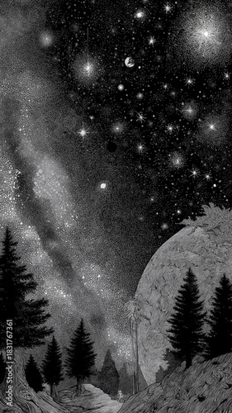 Fototapeta Black and white drawing depicts starry universe with cosmic landscape, featuring trees and celestial body. intricate details evoke sense of wonder and exploration