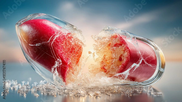Fototapeta Broken lipstick bullet in deep rich red color is encased in shattered glass, creating dramatic and striking visual against blurred background. image captures texture and vibrancy of lipstick