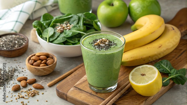 Fototapeta Green smoothie with fresh ingredient display