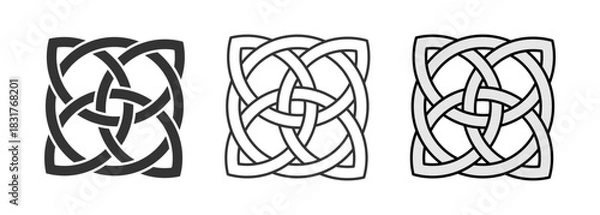 Fototapeta Set of three Celtic knot designs in bold, outline, and shaded styles. Traditional interlaced pattern symbolizing eternity, unity, and heritage. Perfect for tattoos, logos, craft. Vector illustration. 