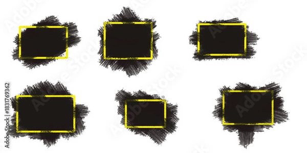 Fototapeta Six glowing golden square frames with subtle dark abstract shapes behind them isolated on transparent background
