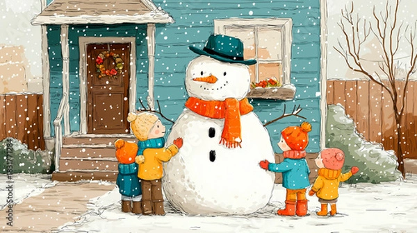 Fototapeta a happy family building a snowman in the winter