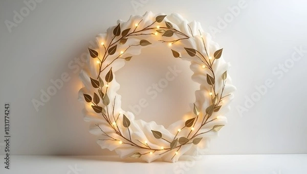 Fototapeta A decorative white wreath with leaves and soft gold lights, enhancing its elegant appearance.