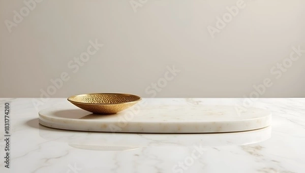 Fototapeta A small gold bowl sits on a marble serving board, creating a minimalist and luxurious aesthetic.