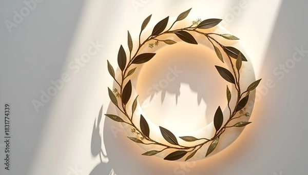 Fototapeta Circular marble wreath adorned with decorative leaves on a minimalist wall.