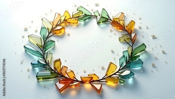 Fototapeta Colorful glass crystal wreath with branches and decorative elements on a light background.