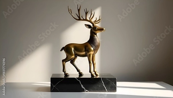 Fototapeta Elegant golden deer statue on a marble base in soft natural light.