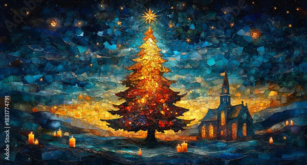 Obraz Bright Christmas Landscape with Red Tree and Golden Lights