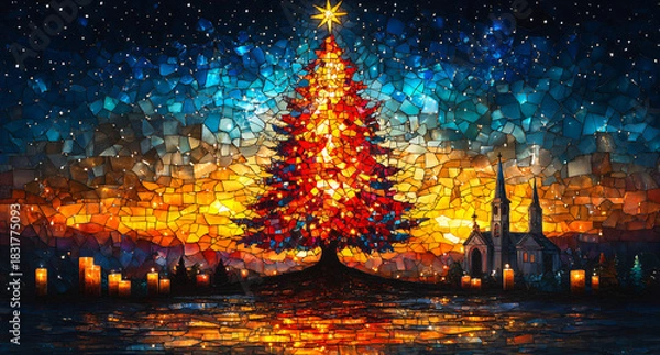 Fototapeta Illuminated Christmas Tree with Candles, Gifts, and Snowy Village in the Background