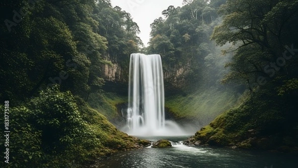 Obraz A large waterfall cascades down a rocky slope surrounded by lush greenery and trees in a misty forest.