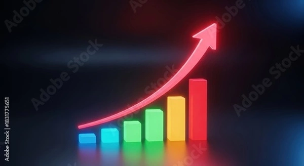 Fototapeta Vivid luminous bar chart featuring ascending arrow symbolizing company expansion and success
