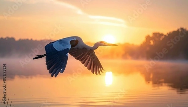 Obraz A Great Blue Heron flies over a lake at sunrise. The sun is low on the horizon, casting a warm glow over the water and surrounding landscape.