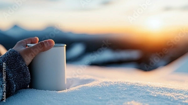 Obraz A hand holding a white coffee cup in a snowy landscape, with a beautiful sunset in the background.