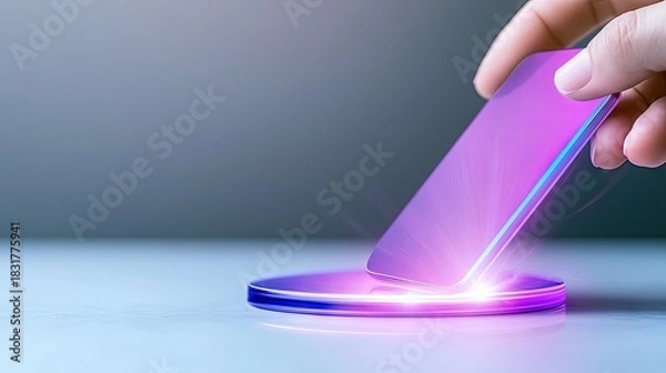 Obraz A hand placing a glowing smartphone onto a wireless charging pad. The scene is illuminated with futuristic purple and blue light.