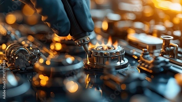 Obraz A close-up shot of a hand soldering a circuit board component with a flame, showcasing the intricate details and warm lighting.