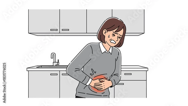 Fototapeta Woman experiencing sharp stomach pain in her kitchen needs urgent relief, potential health concern, abdominal discomfort, digestive distress