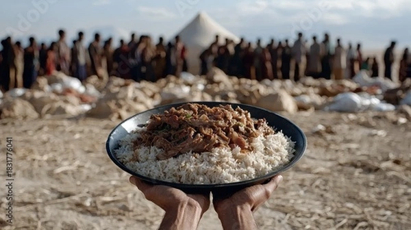 Obraz A pair of hands holds a plate of food, rice and meat, in a desert environment. A group of people are in the background, suggesting a humanitarian context.