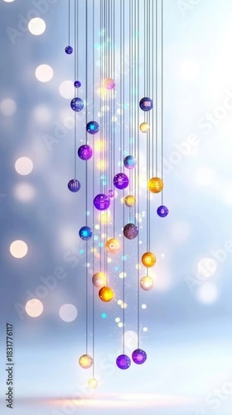 Obraz Abstract image of hanging spheres with icons and lights, set against a blurred background.