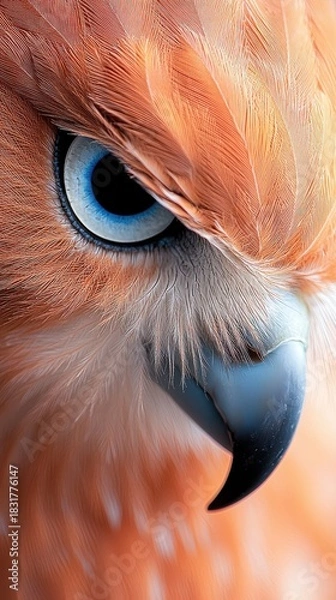 Obraz Close-up of a hawk's eye, showcasing detailed feathers and an intense gaze. The image highlights the bird's eye and beak with warm lighting.