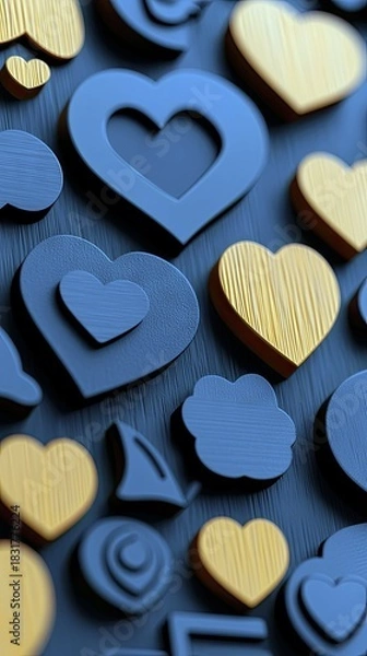 Obraz Close-up of various heart shapes in blue and gold colors, arranged on a textured blue surface. The image has a warm, inviting feel.