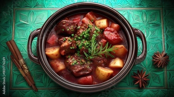 Obraz Overhead shot of a pot of stew with potatoes, meat, and herbs, surrounded by cinnamon sticks and star anise on a decorative green surface.