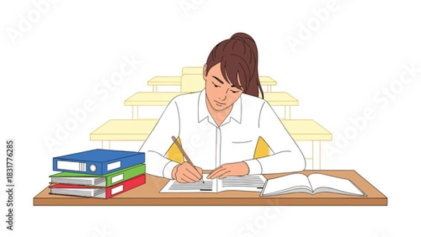 Fototapeta Focused student diligently studying with open book and reports in classroom setting, ideal for education and academic success concepts