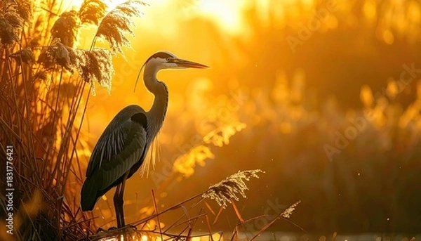 Obraz A Great Blue Heron stands amongst reeds, silhouetted against a brilliant golden sunset, creating a serene and picturesque scene.
