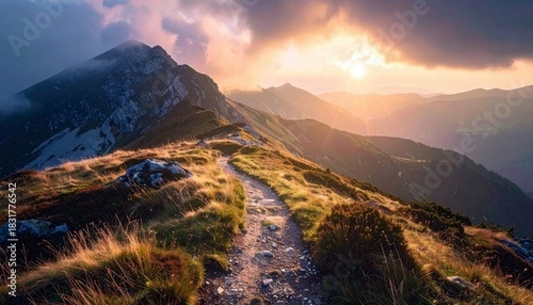 Obraz A scenic view of a hiking trail winding along a mountain ridge at sunset, with a dramatic sky and golden light.